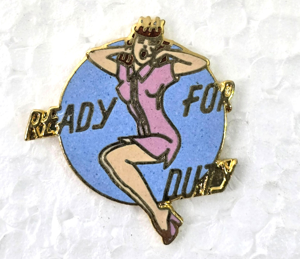 Vtg USAF Army Nose Art Pinup Girl "Ready For Duty" Lapel Hat Pin Tie Tac WWII